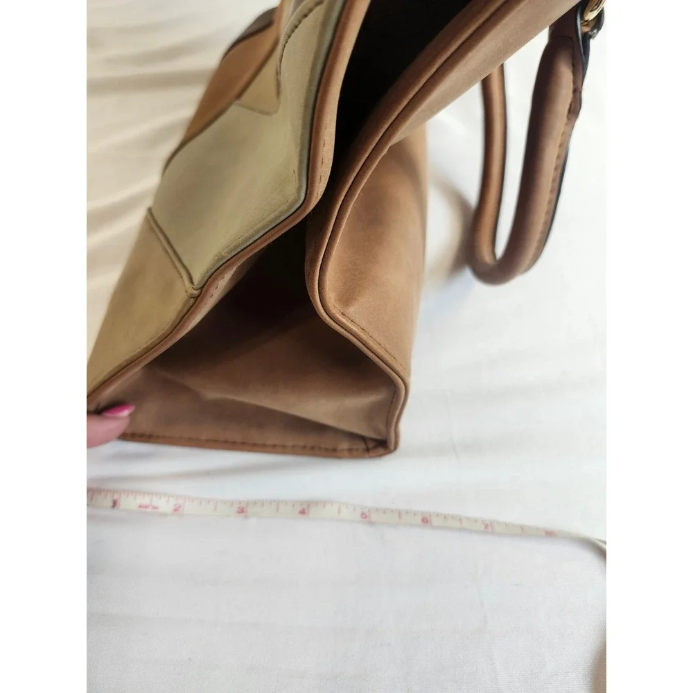 Brown‎ Patchwork Satchel Handbag Gold Padlock Detail RN 108833 Large Tote